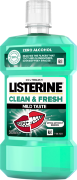 Listerine Clean & Fresh Zero Alcohol 500ml, zielona butelka z grafiką zębów, widok z przodu, dla aparatów.