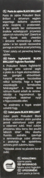Tył opakowania czarnej pasty do zębów Prokudent Black Brilliant z węglem aktywnym, widoczne opisy składu.