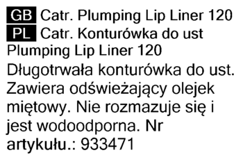 Etykieta konturówki Catr. Plumping Lip Liner 120. Tekst opisuje długotrwałość, olejek miętowy i wodoodporność.