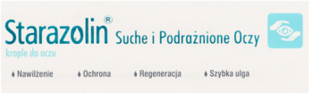 Starazolin krople do oczu Suche i Podrażnione. Turkusowo-biały banner, logo oka i dłoni.