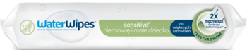 WaterWipes Sensitive chusteczki dla niemowląt, 99,9% wody i ekstrakt owocowy, biało-zielone opakowanie, przód.