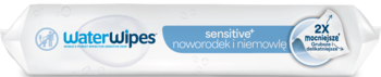 WaterWipes sensitive chusteczki dla noworodków, białe opakowanie z niebieskim logo, widok z przodu.