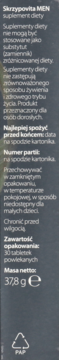 Ciemny bok opakowania suplementu Skrzypovita MEN, z drobnym tekstem, masą netto 37,8g i symbolem PAP.