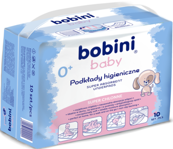 Opakowanie super chłonnych podkładów higienicznych Bobini Baby 0+ (10 sztuk), błękitne, z rączką.