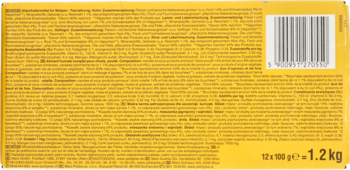 Tylna strona żółtego opakowania mokrej karmy PEDIGREE® Junior dla szczeniąt, z tekstem i kodem.