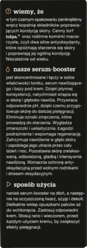 Obraz tekstu opisującego serum-booster tołpa z torfem, jego właściwości i sposób użycia. Tło ciemne.