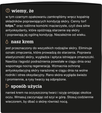 Informacyjny panel o kremie tołpa: składniki (torf, komórki), działanie na zmarszczki i nawilżenie skóry.