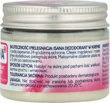 Tył kremowego dezodorantu Isana z sodą oczyszczoną, jasny słoiczek ze srebrną zakrętką i opisem użycia.