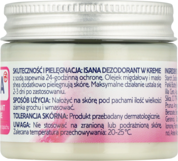 Tył słoika Isana dezodorantu w kremie z sodą, widoczne polskie instrukcje, srebrna zakrętka.