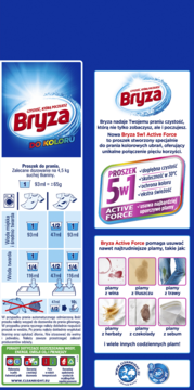 Bryza Active Force 5w1 proszek do prania koloru. Opakowanie z opisem działania, instrukcjami i usuwaniem plam.