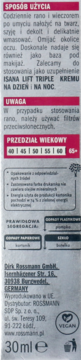 Pionowy widok tyłu opakowania serum ISANA LIFT TRIPLE 30ml, z polskimi instrukcjami i logo Vegan.