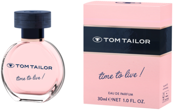 Tom Tailor Time to Live, różowa woda perfumowana w eleganckiej butelce i pasującym pudełku, widok z przodu.