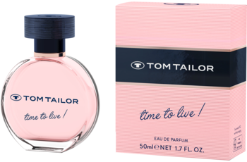 Woda perfumowana Tom Tailor Time to Live 50ml: różowy, fasetowany flakon i kartonik, widok z przodu.