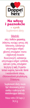 Tył opakowania suplementu Doppelherz aktiv Na włosy i paznokcie + cynk, z listą składników.