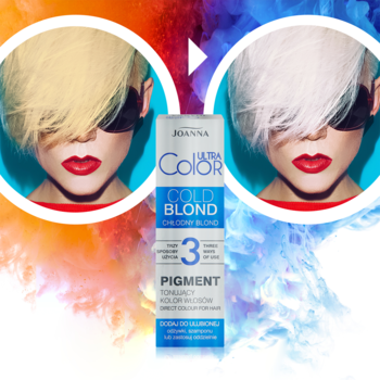 Joanna Ultra Color Cold Blond pigment w butelce, na tle porównania włosów blond przed (żółty) i po (zimny).