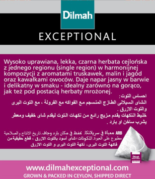 Opakowanie Dilmah Exceptional, czarna herbata cejlońska z owocami leśnymi. Widok frontu z tekstem i torebką herbaty.
