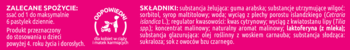 Różowy panel informacyjny Fiorda Junior z białym tekstem, szczegółowo opisujący składniki i zastosowanie na gardło i usta.