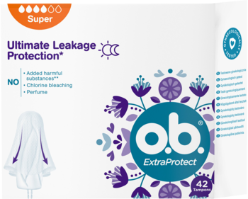 o.b. ExtraProtect Super tampons, białe pudełko z fioletowym logo i rysunkiem tamponu, widok przodu, 42 szt.
