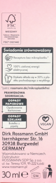 Tył opakowania serum ISANA Arbuz 30 ml, różowe, z ikonami FSC, weganizmu i informacjami o zrównoważeniu.
