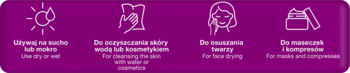Grafika: ikony zastosowań suchych chusteczek kosmetycznych Cleanic: na sucho/mokro, do oczyszczania twarzy, masek.