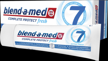 Angled view of Blend-a-med Complete Protect Fresh 7 toothpaste, white tube with blue details, box behind.