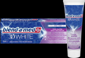 Pasta Blend-a-med 3D White Cool Water w niebiesko-białym pudełku i tubce, wybielająca, widok od przodu.