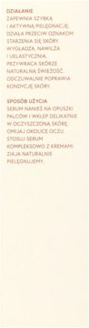 Widok ulotki serum z naturalnym składem: beżowe tło i ciemny tekst o działaniu i sposobie użycia.