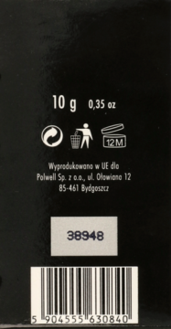 Tył czarnego opakowania pudru do stylizacji włosów, 10g, z symbolem PAO, kodem kreskowym i adresem producenta.