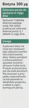 Etykieta Biotyna 300 µg, widok z przodu z zielonymi polami, opisująca dawkowanie i ważne ostrzeżenia.