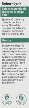 Panel suplementu Selen+Cynk: dzienna porcja (1 tabletka), ostrzeżenia, symbole bez glutenu i laktozy.
