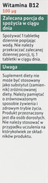 Biało-zielona etykieta Witamina B12 100 μg, dawkowanie: 1 tabletka dziennie, z ważnymi ostrzeżeniami.