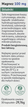 Tył opakowania Magnez 100 mg, biała etykieta z listą składników, bez glutenu i laktozy, 30 kapsułek.