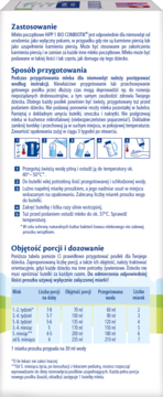 Tył opakowania mleka HiPP 1 BIO COMBIOTIK, białe tło, instrukcja przygotowania i tabela dawkowania.