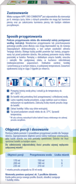 Fragment opakowania mleka HiPP 2 BIO COMBIOTIK z instrukcjami przygotowania, tabelą dawkowania i schematami.