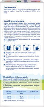 Instrukcja przygotowania i dawkowania mleka HiPP 4 JUNIOR COMBIOTIK® dla dzieci 2+, widok ulotki.