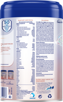 Tył opakowania mleka początkowego Bebilon PROfutura DUOBIOTIK 1, z widoczną tabelą wartości odżywczych dla niemowląt.