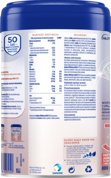 Tył niebiesko-białej puszki Bebilon Profutura DUOBIOTIK 3 dla dzieci, z tabelą wartości odżywczych i składem.