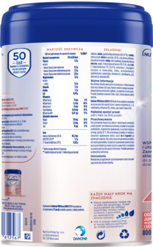 Tył Bebilon Profutura DUOBIOTIK 4, niebieska pokrywka, biała etykieta z wartościami odżywczymi wspierającymi rozwój.