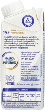 Tył białego opakowania Nan Optipro Plus 2 Hmo z tekstami o doświadczeniu, nauce i tabelą karmienia.