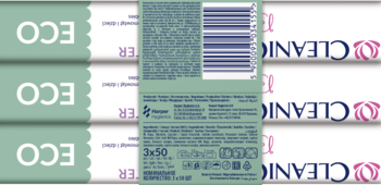 Tylne opakowanie Cleanic Baby ECO Pure Water chusteczek, zielone, z kodem, 3x50 sztuk, biodegradalne.