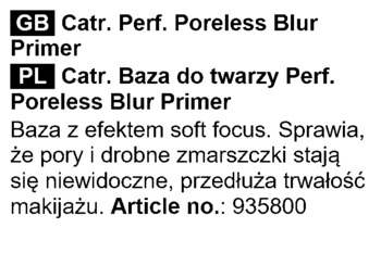 Czarno-biała etykieta bazy do twarzy Catrice Poreless Blur Primer. Opisuje efekt soft focus i numer 935800.