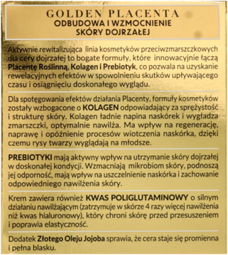 Tył złotego opakowania kremu GOLDEN PLACENTA dla skóry dojrzałej, z detalami składników i opisem działania.
