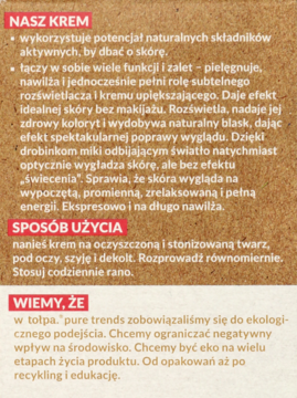 Opis kremu na teksturowanym tle: informacje o właściwościach, składzie, użyciu i ekologicznym podejściu.