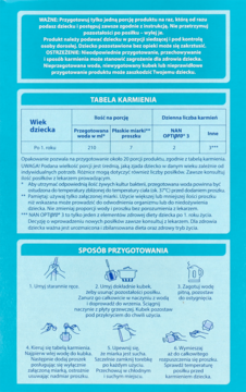 NAN OPTIPRO 3: Tabela karmienia i instrukcje przygotowania mleka w proszku dla małych dzieci, niebieskie tło.