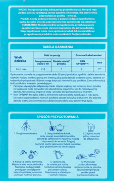 Instrukcja przygotowania NAN OPTIPRO 4: tabela karmienia i 6 ilustrowanych kroków, na białym tle z niebieską ramką.
