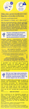 Tył żółtego opakowania mleczka przeciwsłonecznego SPF 50+ do twarzy i ciała, wodoodporne, z polskim opisem.
