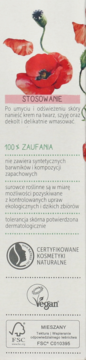 Boczny panel opakowania kremu Alterra Vital z ilustracją maku, opisem użycia i certyfikatami Vegan, FSC.