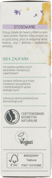 Boczny panel opakowania olejku do twarzy Alterra z instrukcją użycia i certyfikatami naturalności, wegański FSC.