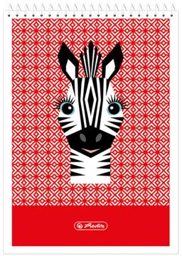 Zeszyt szkolny Herlitz A4 z zabawną głową zebry na czerwonej okładce w geometryczny wzór. Widok z przodu.