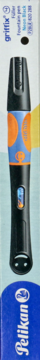 Pelikan griffix Piór wieczne Neon Black, czarne z pomarańczowo-niebieskim uchwytem, widok pionowy, okienko poziomu tuszu.